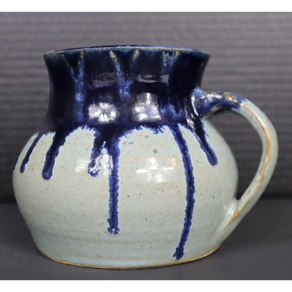 Rustic Blue Stoneware Pitcher‎ with Blue Drip Glaze 4.5 in high signed by artist